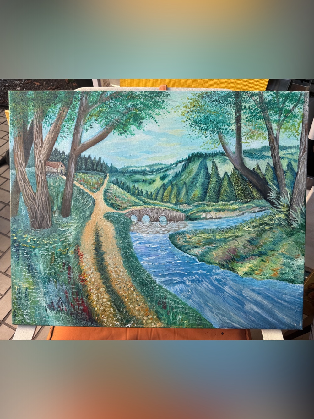 Original 30x24 Oil Painting – Rustic Cabin & Stone Bridge River Landscape (2018)
